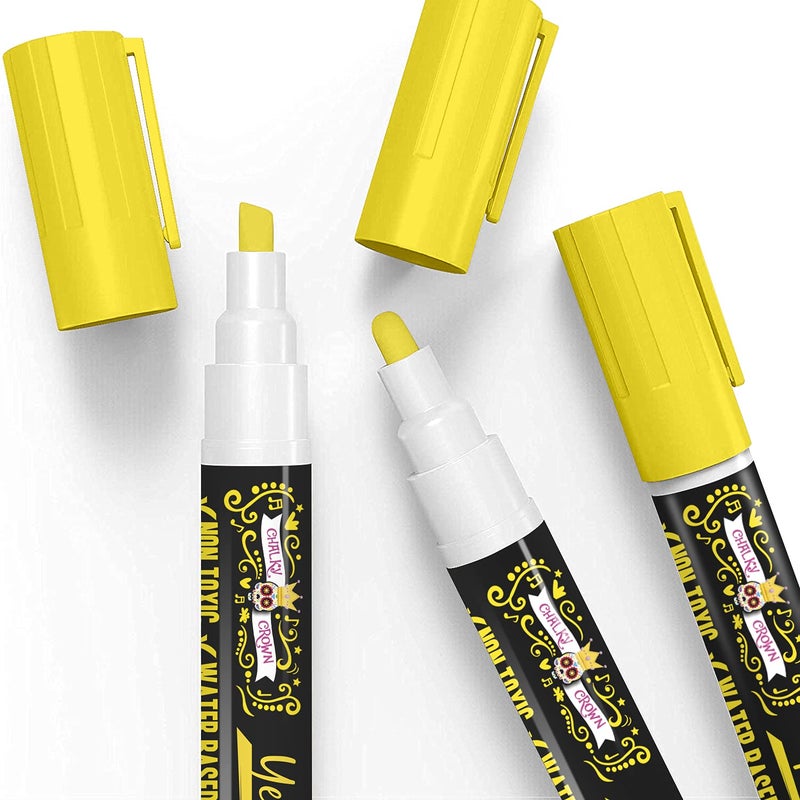 CHALKY CROWN قلم ماركر سائل تشالكي كراون - قلم مسح جاف - أقلام تشالك لعلامات السبورة، النوافذ، السبورة السوداء، الزجاج - طرف قابل للعكس 6 مم (أصفر، 5 عبوات) - Image 4